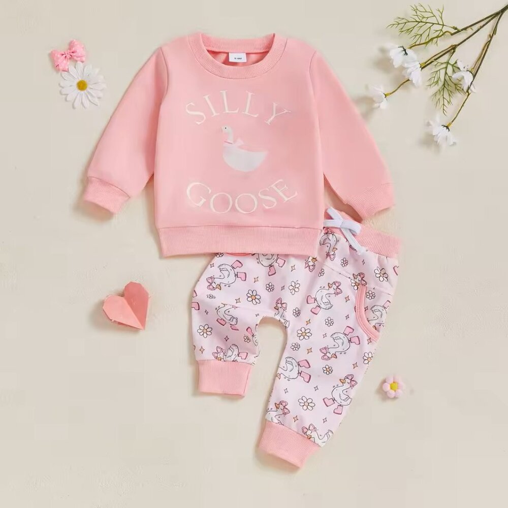 Silly Goose Long Sleeve Pink Girls Outfit Set